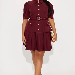 Fashion Nova Nadia Pleated Belted Mini Dress - NWT Burgundy